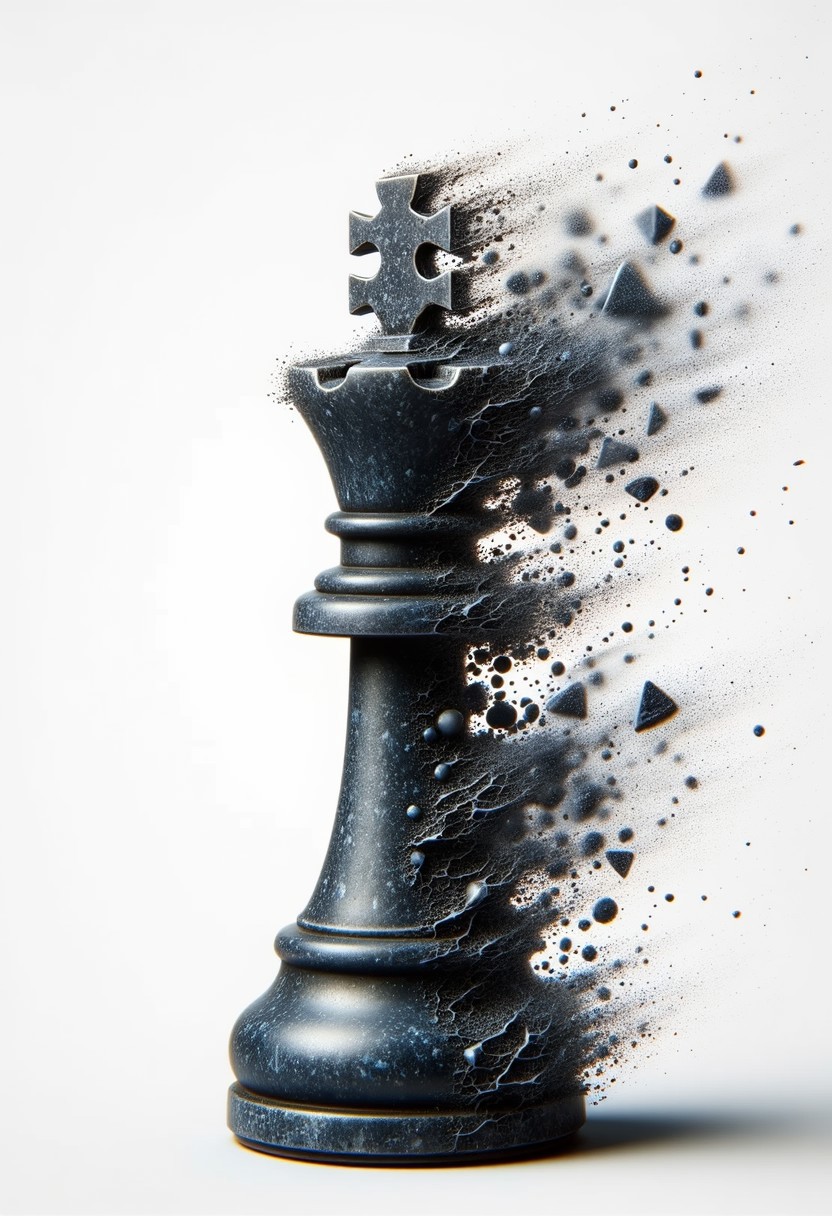 A hand-carved black knight chess piece on a white background. In a ral-dissolve effect, the top of the knight begins to fragment into jagged shards of black marble and faintly glowing white particles, which scatter into the HDR-lit air.