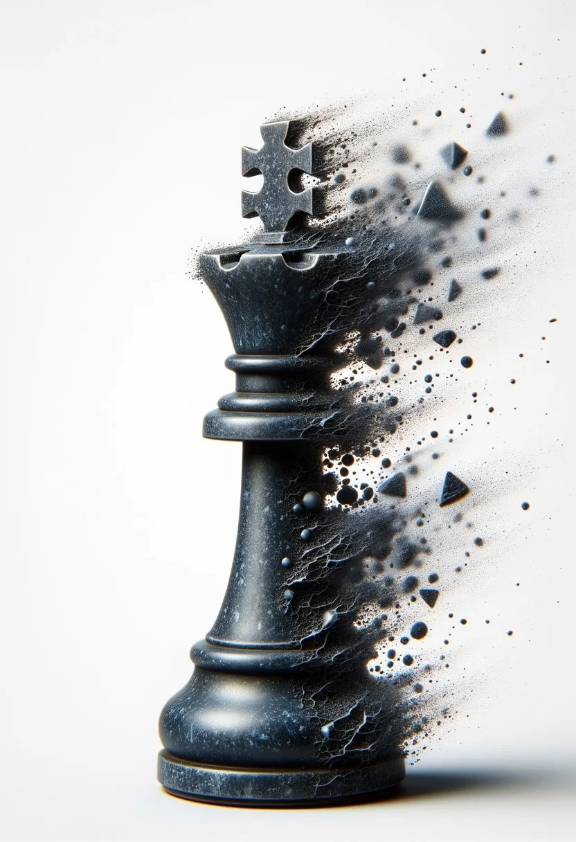A hand-carved black knight chess piece on a white background. In a ral-dissolve effect, the top of the knight begins to fragment into jagged shards of black marble and faintly glowing white particles, which scatter into the HDR-lit air.