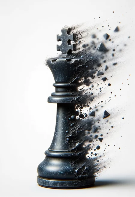 A hand-carved black knight chess piece on a white background. In a ral-dissolve effect, the top of the knight begins to fragment into jagged shards of black marble and faintly glowing white particles, which scatter into the HDR-lit air.