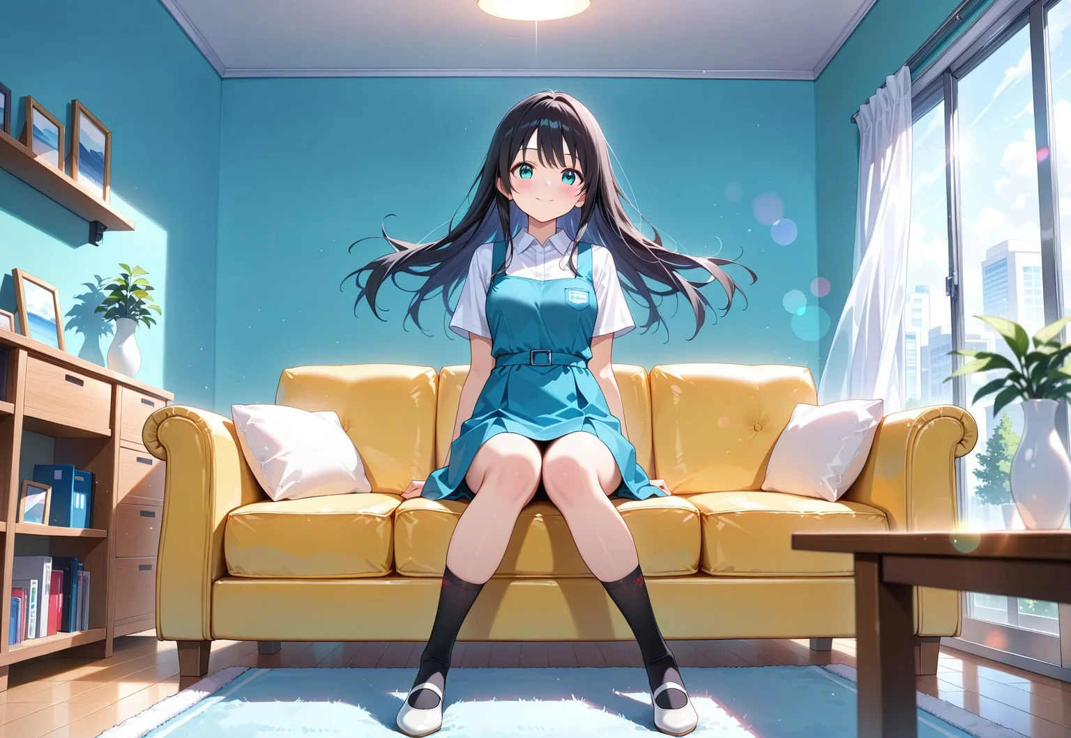 masterpiece, best quality,amazing quality,(1girl), solo,(depth of field),(solo focus),8K,HDR,(ultra high res),(highres),(full body),(lens flare),smile,blush,(black hair),(long hair),(aqua eyes),(floating hair), sidelocks,(malaysian secondary school uniform),(pinafore dress),(aqua blue skirt),(blue pinafore),(collared shirt),(white shirt),(short sleeves),(black socks),(short socks),(white footwear),(ballet flat),(indoors),(curtain),(room),(carpet),(couch),(vase),(window),(shelf),(table),(sitting on couch),(looking at viewer),