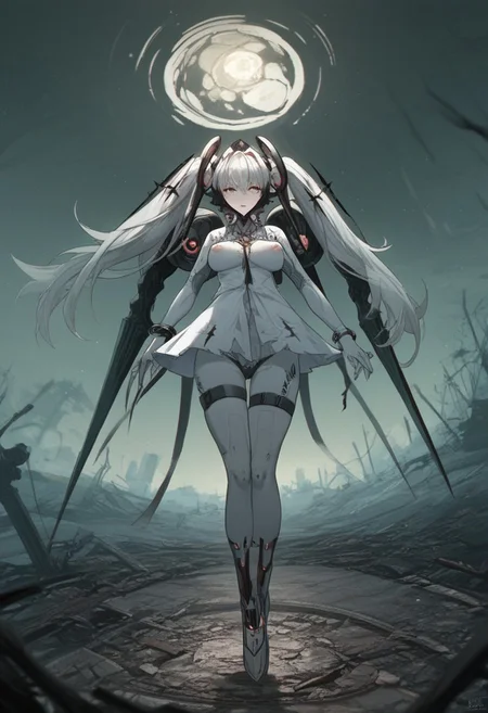 Score_9, Score_8_up, detailed background, night, pov, wasteland ruins, Expressiveh, Character, zPDXL, Laurel, amber eyes, star-shaped irises, white hair, long hair, twintails, Character clothes, headgear, ripped clothes, weapon, orb-blades, gyaru,  clothes, toned, large breasts, puffy nipples, large ass, ass expansion, thick thighs wide hips, wide shot showing female, full body shot, looking at viewer, lustful, posing,