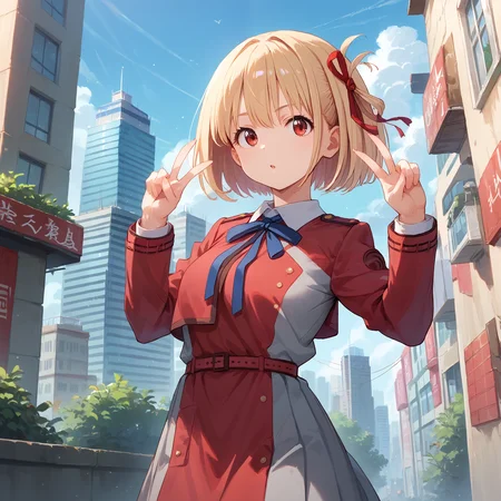 score_9, score_8_up, score_7_up, score_6_up, score_5_up, score_4_up, BREAK source_anime, 1girl, solo, outdoors, city, standing, double v, masterpiece, best quality, high detailed skin, nishikigi chisato, chisato def, short hair, blonde hair, red hair ribbon, red eyes, lycoris uniform, long sleeves, blue neck ribbon, belt,