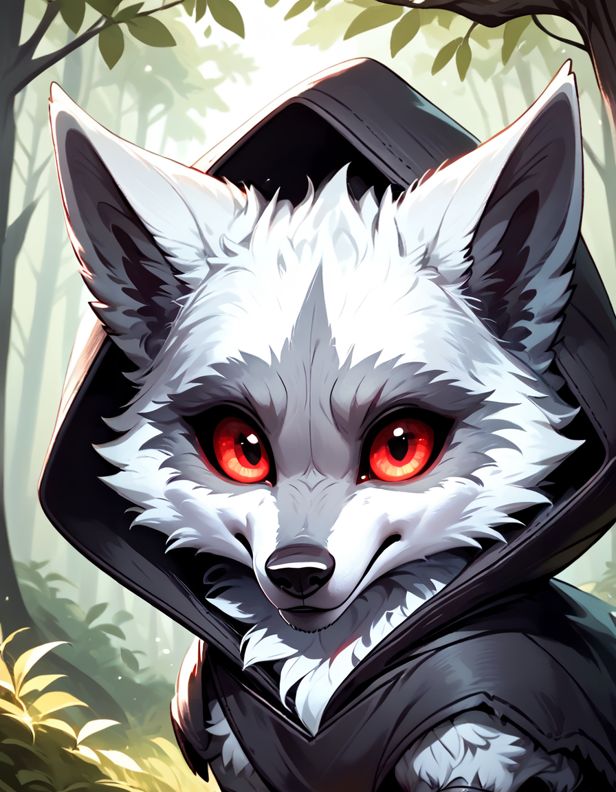 score_9, score_8_up, score_7_up, rating_safe,source_furry,d3ath,
feral, werewolf,chibi,portrait,tilted head,
clothing, clothed, cloak, shy,((cute)), big anime red eyes,looking at viewer, hood up, 
forest background,
 <lora:Death_Puss_in_boots:0.9>