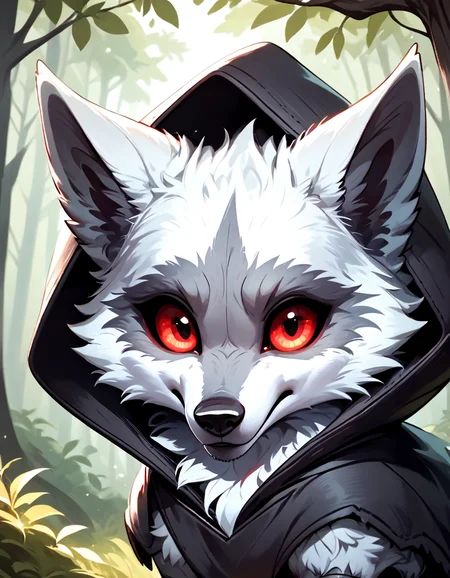 score_9, score_8_up, score_7_up, rating_safe,source_furry,d3ath,
feral, werewolf,chibi,portrait,tilted head,
clothing, clothed, cloak, shy,((cute)), big anime red eyes,looking at viewer, hood up, 
forest background,
 <lora:Death_Puss_in_boots:0.9>