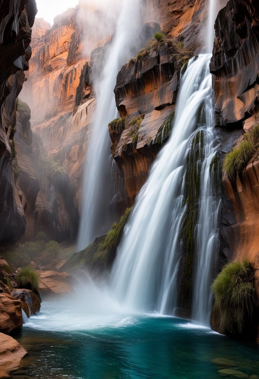 This image depicts a breathtaking natural scenery of a waterfall cascading into a deep pool within a narrow, rocky canyon. The sides of the canyon are composed of rugged, layered rock formations in shades of orange and gray, creating a striking contrast with the bright blue-green hue of the pool at the bottom.
The waterfall plunges from a considerable height, crashing into the circular pool below and sending up a spray of mist. Sparse vegetation can be seen clinging to the rocky surfaces, adding pops of green color to the otherwise earthy tones of the canyon walls.
The overall scene exudes a sense of raw natural beauty, with the interplay of water, rock, and color creating a mesmerizing and awe-inspiring sight. It captures the power and majesty of nature's sculpting forces over time, leaving behind this remarkable geological formation for us to marvel at,
JuggernautNegative, Movie Still, Film Still, Cinematic, Cinematic Shot, Cinematic Lighting,