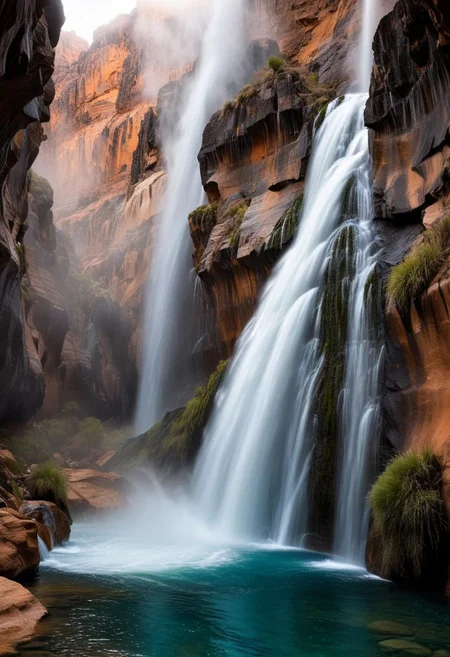 This image depicts a breathtaking natural scenery of a waterfall cascading into a deep pool within a narrow, rocky canyon. The sides of the canyon are composed of rugged, layered rock formations in shades of orange and gray, creating a striking contrast with the bright blue-green hue of the pool at the bottom.
The waterfall plunges from a considerable height, crashing into the circular pool below and sending up a spray of mist. Sparse vegetation can be seen clinging to the rocky surfaces, adding pops of green color to the otherwise earthy tones of the canyon walls.
The overall scene exudes a sense of raw natural beauty, with the interplay of water, rock, and color creating a mesmerizing and awe-inspiring sight. It captures the power and majesty of nature's sculpting forces over time, leaving behind this remarkable geological formation for us to marvel at,
JuggernautNegative, Movie Still, Film Still, Cinematic, Cinematic Shot, Cinematic Lighting,