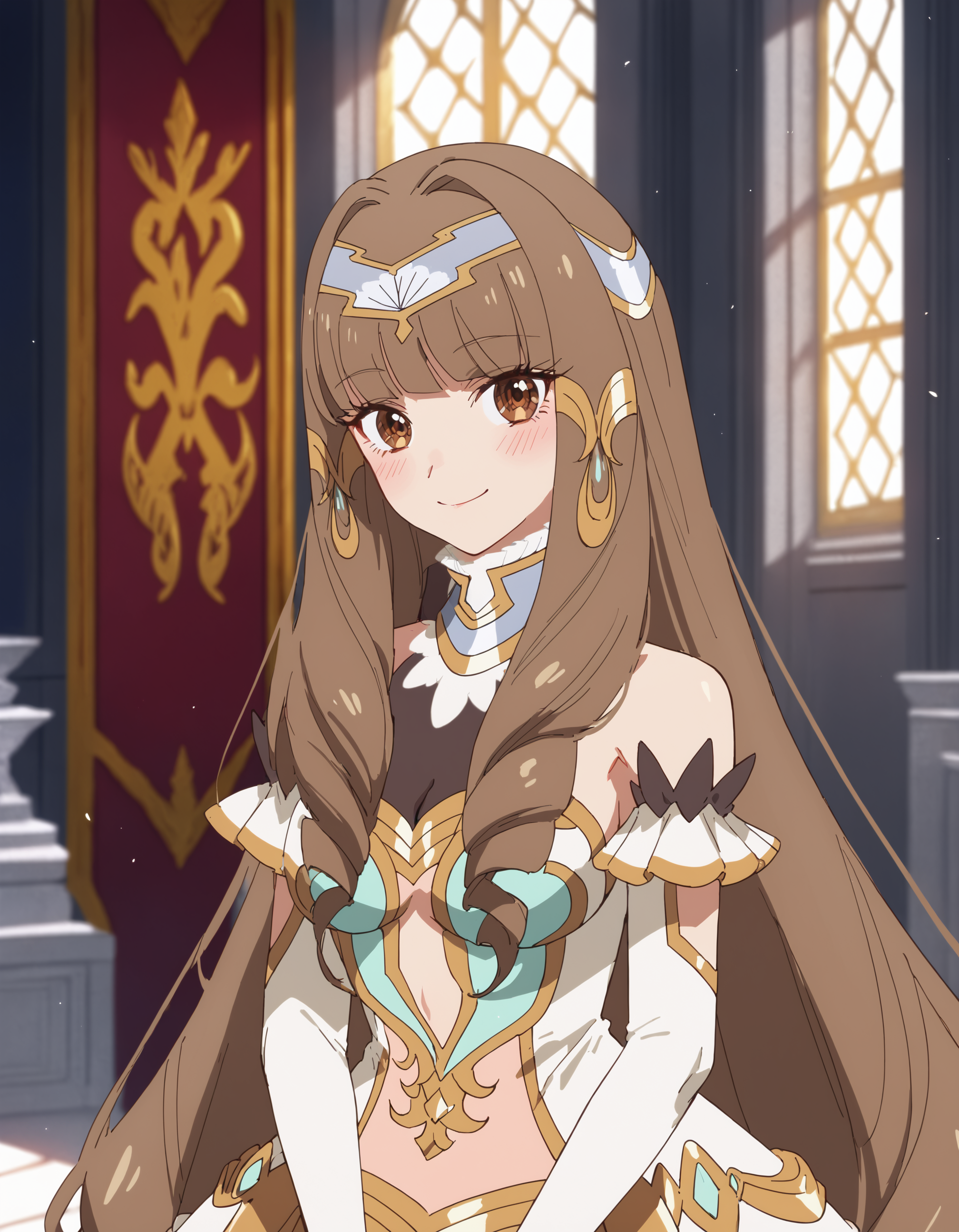 (score_9, score_8_up, score_7_up)
BREAK
elizabeth_olis, 1girl, solo, brown hair, drill sidelocks, very long hair, brown eyes, gown, circlet, hair tubes, high collar, see-through cleavage, elbow gloves, looking at viewer, blush, smile, upper body
BREAK
throne room, column, window, day
<lora:elizabeth_Lv2karaCheat_ponyxl_v01:1>