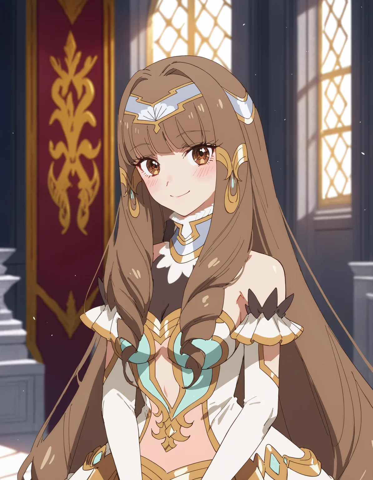 (score_9, score_8_up, score_7_up)
BREAK
elizabeth_olis, 1girl, solo, brown hair, drill sidelocks, very long hair, brown eyes, gown, circlet, hair tubes, high collar, see-through cleavage, elbow gloves, looking at viewer, blush, smile, upper body
BREAK
throne room, column, window, day
<lora:elizabeth_Lv2karaCheat_ponyxl_v01:1>