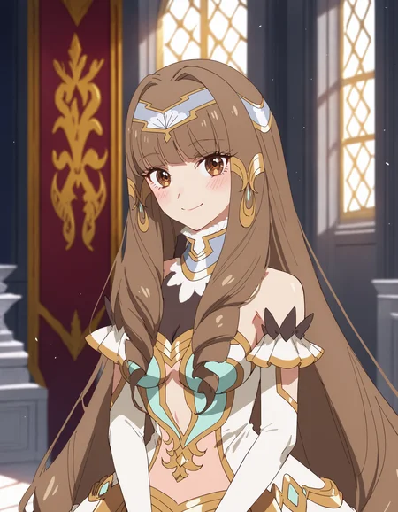 (score_9, score_8_up, score_7_up)
BREAK
elizabeth_olis, 1girl, solo, brown hair, drill sidelocks, very long hair, brown eyes, gown, circlet, hair tubes, high collar, see-through cleavage, elbow gloves, looking at viewer, blush, smile, upper body
BREAK
throne room, column, window, day
<lora:elizabeth_Lv2karaCheat_ponyxl_v01:1>