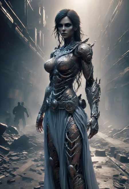 Graphics Unreal Engine 5, 3D Modeling, UV Mapping, Texture, Rendering, Graphics quality ray tracing, Particle System, 3D Manufacturing Formats, Cartesian Coordinate, Acrylonitrile Butadiene Styrene, Final Fantasy XVI collaboration Walking Dead collaboration Resident Evil, Apocalypse, 2077, fullbody a Character woman,showhot,scene walking dead, platinum, ultra hdr, ghostly beauty, windy, raw photo, reflection, lighting, intricately detailed, digital art, high detail, 4k resolution, thin clothes with a dramatic camera angle, dynamic motion blur, lens flares, distant ruins or destroyed buildings, more dramatic lighting, deeper and more contrasted shadows, a colder color grading, a desolate wasteland background and her expression is a mix of determination and sadness