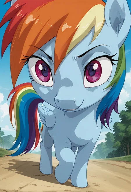 score_9, score_8_up, score_7_up, anime screencap, BREAK, my little pony Rainbow Dash, a blue pegasus with purple eyes and rainbow mane and tail, source_feral, outdoors, daylight, insanity-angle, brain dead, source_anime, retro anime style