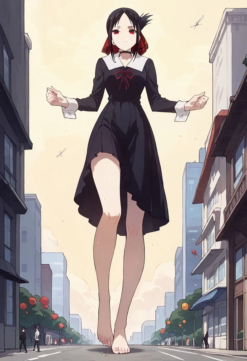 score_9, score_8_up, score_7_up, masterpiece, perfect face, perfect eyes, 4ng3l face, kaguya shinomiya, short hair, bangs, black hair, red eyes, hair ribbon, sidelocks, folded ponytail, parted bangs, 1girl, solo, pale skin, outdoors, school yard, city, giantess, look at viewer, sexy pose,choker, standing, long sleeves, dress, ribbon, school uniform, collarbone, black dress, sailor collar, white sailor collar, red ribbon, neck ribbon, shuuchiin academy school uniform, view from below, close up, female focus, sweaty, under feet, tall girl, growing, pov, full body,