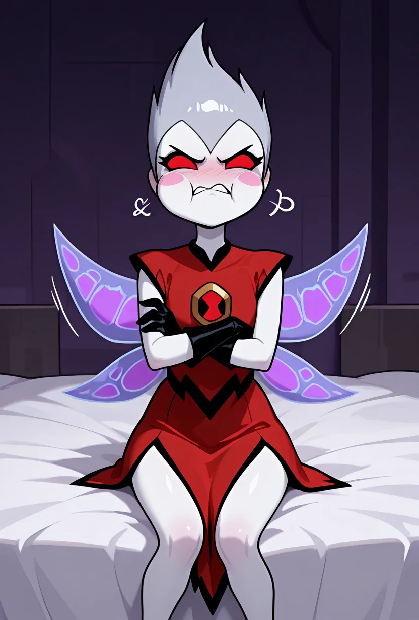 <lora:peskydust-09:1> peskydust, white skin, fairy wings, blush stickers, 1girl, black gloves, red eyes, red dress, light grey hair, angry, puffing cheeks, crossed arms, sitting on bed,, masterpiece, best quality, amazing quality, very aesthetic, absurdres, newest,