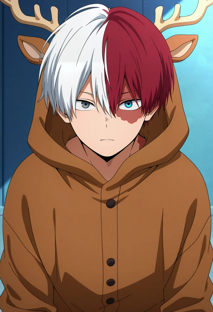 masterpiece, best quality, , anime screencap, , official style, looking at viewer, , 1boy, solo, male focus, <lora:shouto_todoroki_ilxl:0.9>, shouto_todoroki, white hair, red hair, grey eyes, blue eyes, heterochromia, short hair, hair between eyes, bangs, multicolored hair, two-tone hair, split-color hair, burn scar, scar on face, , deer costume