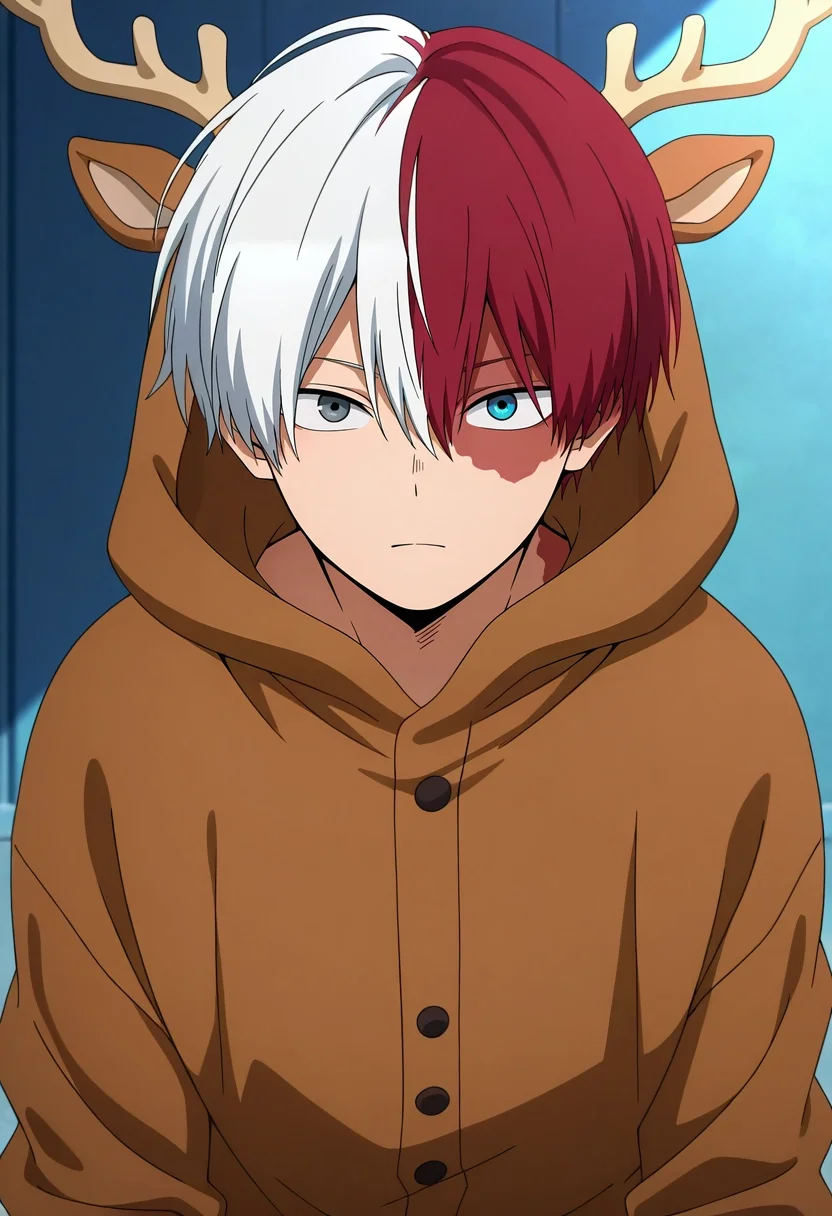 masterpiece, best quality, , anime screencap, , official style, looking at viewer, , 1boy, solo, male focus, <lora:shouto_todoroki_ilxl:0.9>, shouto_todoroki, white hair, red hair, grey eyes, blue eyes, heterochromia, short hair, hair between eyes, bangs, multicolored hair, two-tone hair, split-color hair, burn scar, scar on face, , deer costume