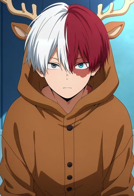 masterpiece, best quality, , anime screencap, , official style, looking at viewer, , 1boy, solo, male focus, <lora:shouto_todoroki_ilxl:0.9>, shouto_todoroki, white hair, red hair, grey eyes, blue eyes, heterochromia, short hair, hair between eyes, bangs, multicolored hair, two-tone hair, split-color hair, burn scar, scar on face, , deer costume