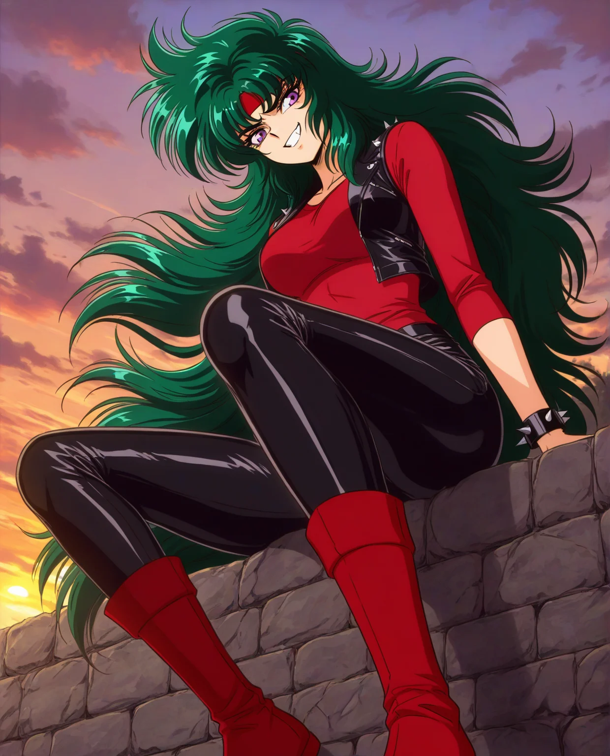 masterpiece, best quality, absurdres, zodikki1, kurumada eyes, kurumada hair, 1girl, very long hair, green hair, bright purple eyes, leather vest, leather pants, spiked bracelets, headband, sitting on stone wall, view from below, knee up, red boots, red shirt, >:d, smirk, teeth, sunset, clouds