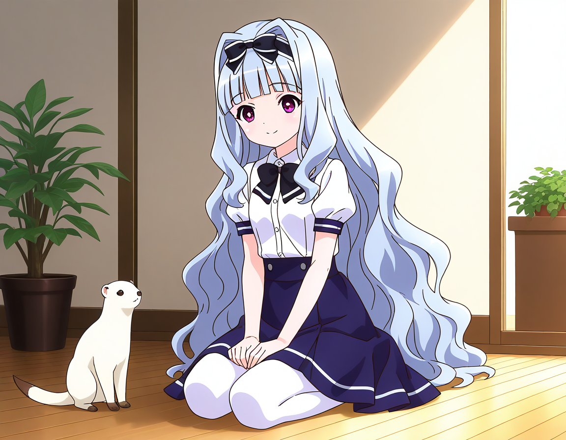general,highres, ultra-detailed,very aesthetic,best quality ,best hands,  BREAK <lora:Watayuki_BP_IS:1>Watayuki(BP), 1girl,solo, hairband, very long hair, hair bow, purple eyes,  hair intakes, light blue hair, blunt bangs, wavy hair,
sitting, bow, shijou takane, skirt, pantyhose, seiza, indoors, school uniform, plant, white pantyhose, blue skirt, smile,
black bow, short sleeves, animal, solo focus, potted plant,  shirt, puffy sleeves,
three animals,  white_ferret,