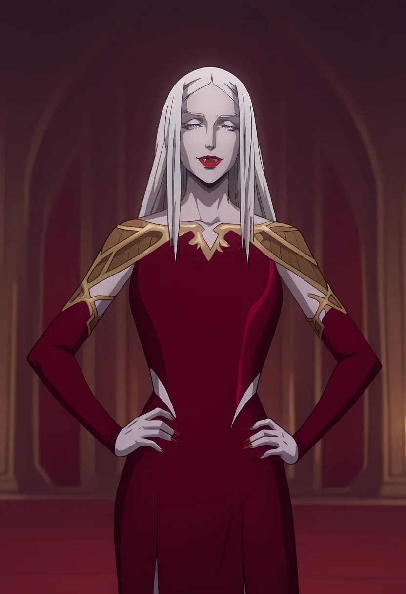 masterpiece, best quality, amazing quality, very aesthetic, intricate details, depth of field, cel shading, pinup, BREAK.
indoors, inside,
looking at viewer, smirk,
BREAK.
standing, contrapposto, hands on own hips,
portrait, cowboy shot, front view, facing viewer, straight-on,
BREAK.
ssn2, red dress, red sleeves, collarbone, elbow sleeves, detached sleeves, shoulder armor, gold armor, epaulettes, BREAK.
<lora:Carmilla_ILXL_v1:1>, 1girl, solo, pale skin, white skin, pointy ears, vampire, fangs, blue eyes, white hair, long hair, long fingernails, sharp fingernails, red nails, BREAK.
<lora:Castlevania(Netflix)_ILXL_Style_v1:0.6>