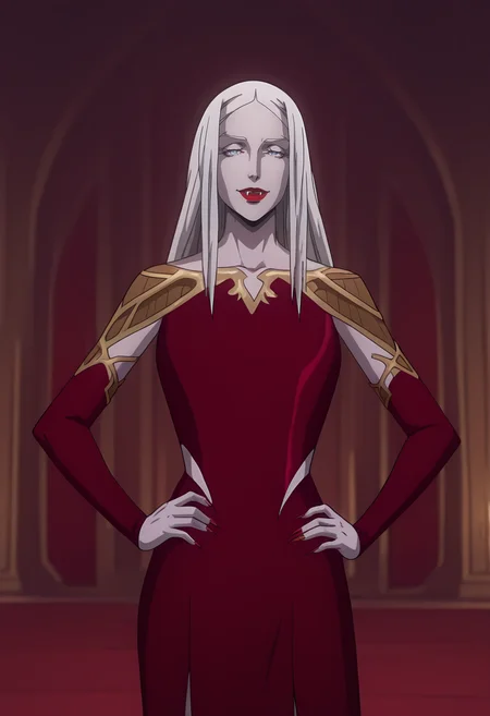 masterpiece, best quality, amazing quality, very aesthetic, intricate details, depth of field, cel shading, pinup, BREAK.
indoors, inside,
looking at viewer, smirk,
BREAK.
standing, contrapposto, hands on own hips,
portrait, cowboy shot, front view, facing viewer, straight-on,
BREAK.
ssn2, red dress, red sleeves, collarbone, elbow sleeves, detached sleeves, shoulder armor, gold armor, epaulettes, BREAK.
<lora:Carmilla_ILXL_v1:1>, 1girl, solo, pale skin, white skin, pointy ears, vampire, fangs, blue eyes, white hair, long hair, long fingernails, sharp fingernails, red nails, BREAK.
<lora:Castlevania(Netflix)_ILXL_Style_v1:0.6>