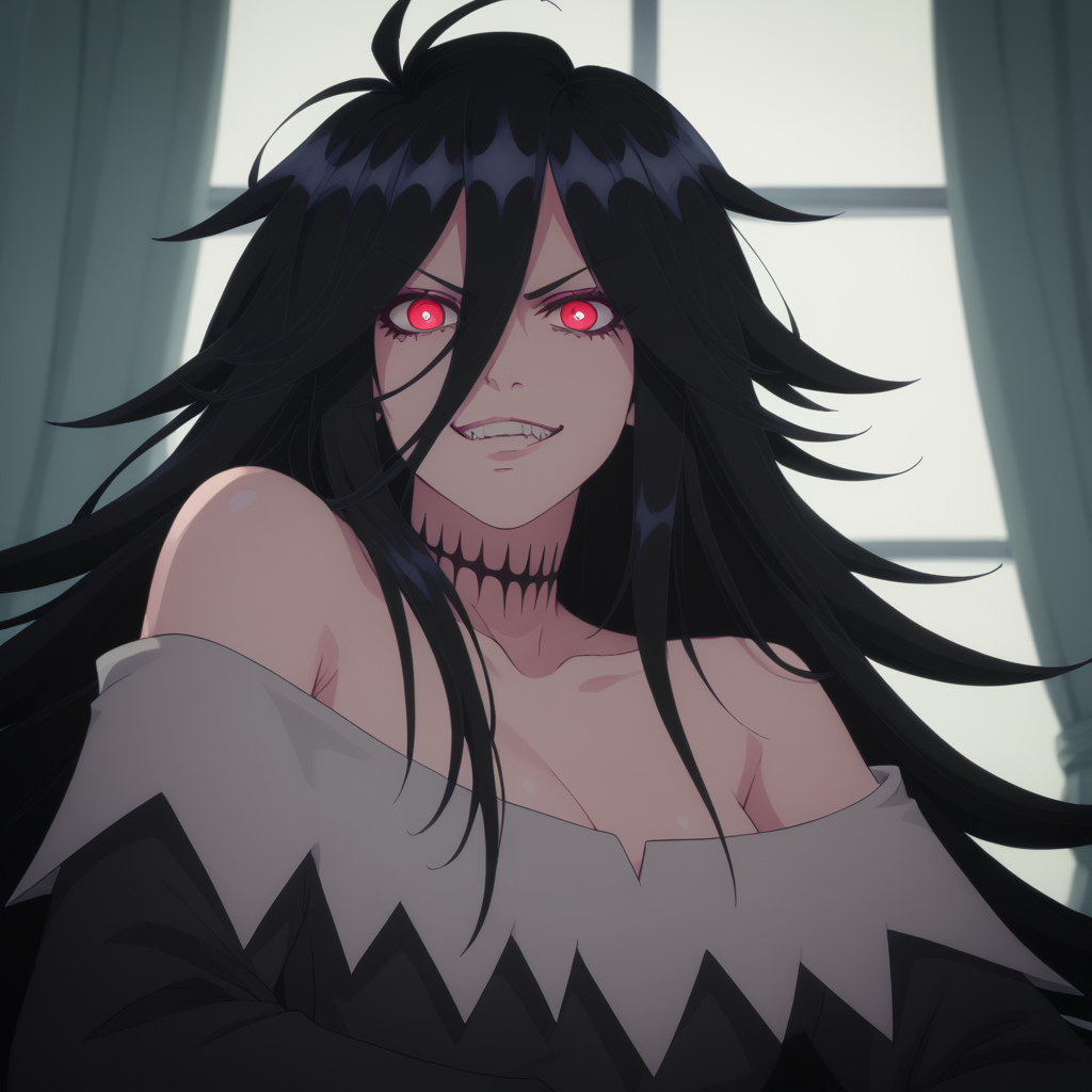 <lora:SlimesFighterXX:1>, slimes_fighterxx, score_9, score_8_up, score_7_up, woman, solo, black hair, evil smirk