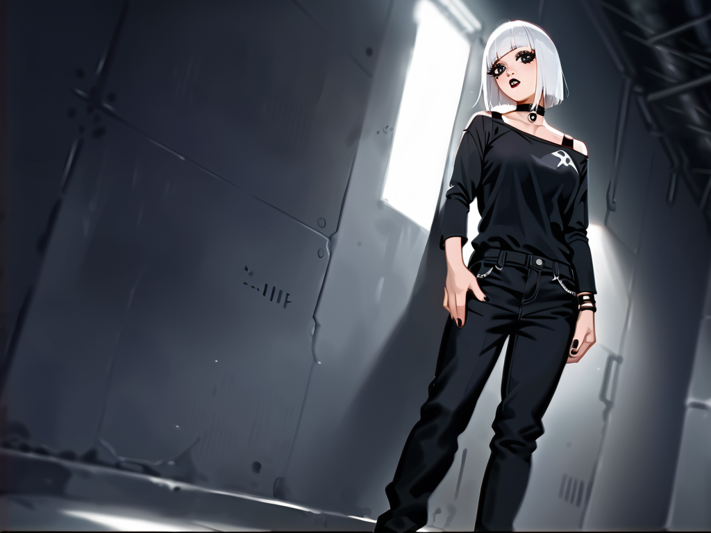 (score_9,score_8_up,score_7_up:1), 1girl, full body,     angle, high lighting, intense stare, (goth, black lipstick, silver jewelry, silver piercings, black mascara, black eyeshadow), teardrop shaped large breasts, (toned), white hair,choker, eyeshadow, (pale scarred skin), (leaning against wall), Asian dusty desert, (black jumpsuit), <lora:Vintage_VHS:1> v1nt4gevhs