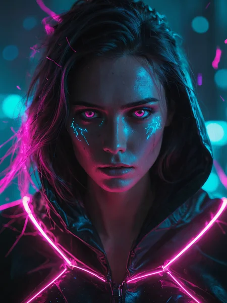 glowneon, cinematic film still, woman with glowing eyes, sparks, black cape, magenta and cyan <lora:glowneon_xl_v1:1>