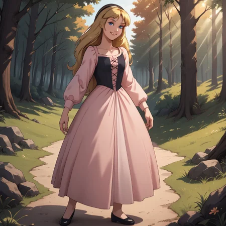 score_9, score_8, BREAK, solo, blonde hair, black hairband, blue eyes, black bodice, light pink long sleeves, pink long skirt, black flats, Eilonwy_(The_Black_Cauldron), sexy pose, self portrait, smile, outdoors, sunlight, shadows, evening lighting, natural lighting, forest, trees, grass, orange sky, sunset