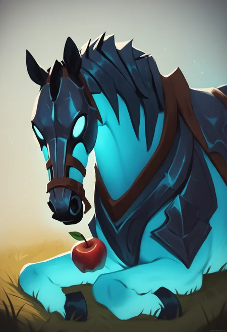 score_9, score_8_up, score_7_up, score_6_up, score_5_up, score_4_up, BREAK abaddonpdxl, blue horse, blue fur, glowing, tail, horse armor, spirit, glowing fur, feral, sleeping, no humans, smelling apple, <lora:Abaddon_the_Lord_of_Avernus_-_Dota_2:0.8>, <lora:[Miles_DF] Artist Style PonyXL:0.6>