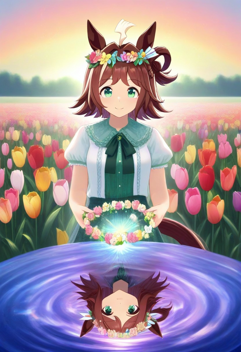 (umamusume, rhein_kraft_(umamusume), horse_ears, horse_girl, tail, 1girl, Tulip, animal_ears,), 
casual, field, flower, flower_field, green_eyes, hair_between_eyes, hair_ornament, 
head_wreath, looking_at_viewer,  solo, , symmetric ,spiralling vortex made of multicoloured tulips,ripples, reflective, jaynl-tm, rainbow, , g0ldsw0rthy,
(realistic, photo,  artistic, medium_hair, one_eye_closed, petals, relaxing,  lush foliage sunrise,  ,  : 0.7)