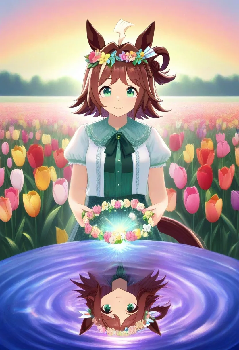 (umamusume, rhein_kraft_(umamusume), horse_ears, horse_girl, tail, 1girl, Tulip, animal_ears,),
casual, field, flower, flower_field, green_eyes, hair_between_eyes, hair_ornament,
head_wreath, looking_at_viewer, solo, , symmetric ,spiralling vortex made of multicoloured tulips,ripples, reflective, jaynl-tm, rainbow, , g0ldsw0rthy,
(realistic, photo, artistic, medium_hair, one_eye_closed, petals, relaxing, lush foliage sunrise, , : 0.7)