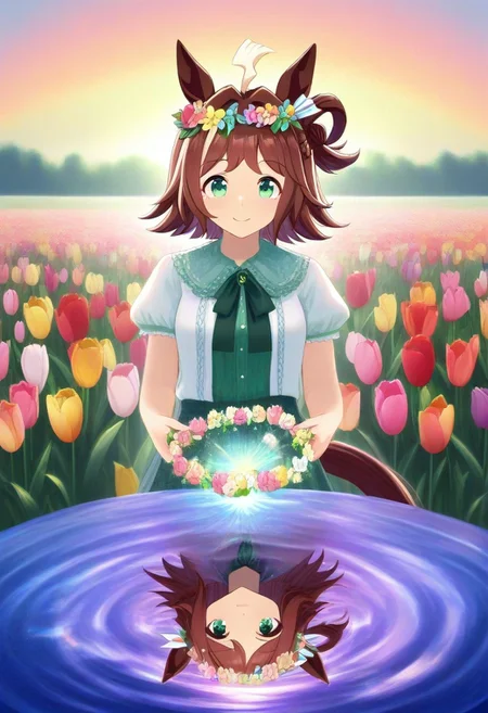 (umamusume, rhein_kraft_(umamusume), horse_ears, horse_girl, tail, 1girl, Tulip, animal_ears,),
casual, field, flower, flower_field, green_eyes, hair_between_eyes, hair_ornament,
head_wreath, looking_at_viewer, solo, , symmetric ,spiralling vortex made of multicoloured tulips,ripples, reflective, jaynl-tm, rainbow, , g0ldsw0rthy,
(realistic, photo, artistic, medium_hair, one_eye_closed, petals, relaxing, lush foliage sunrise, , : 0.7)