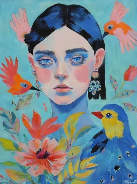 1boy, blue background, blue eyes, earrings, jewelry, looking at viewer, male focus, solo, a painting of a woman with a flower in her hair and a bird on her shoulder, with a bird on her shoulder, Fiona Rae, in gouache detailed paintings, a gouache, fauvism, pop surrealism , <lora:Graphic_Portrait:0.75>
