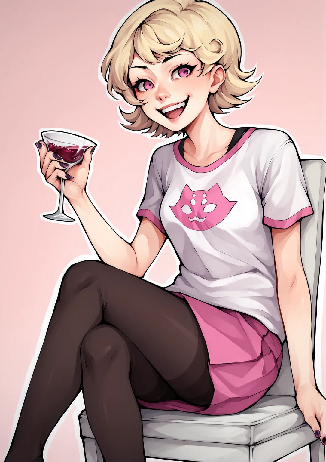 score_9, score_8_up, score_7_up, score_6_up, score_5_up, score_4_up, 2d, anime, anime artstyle, simple shadows, flat coloring, flat shadows, thick lines, white outline, <lora:Roxy_Lalonde_-_Homestuck__Variant_canon_outfits__SDXL_Pony:1> roxlal, roxstart, 1girl, solo, smile, short hair, open mouth, skirt, blonde hair, shirt, sitting, purple eyes, pantyhose, pink eyes, nail polish, cup, chair, t-shirt, drinking glass, wine glass BREAK source_anime