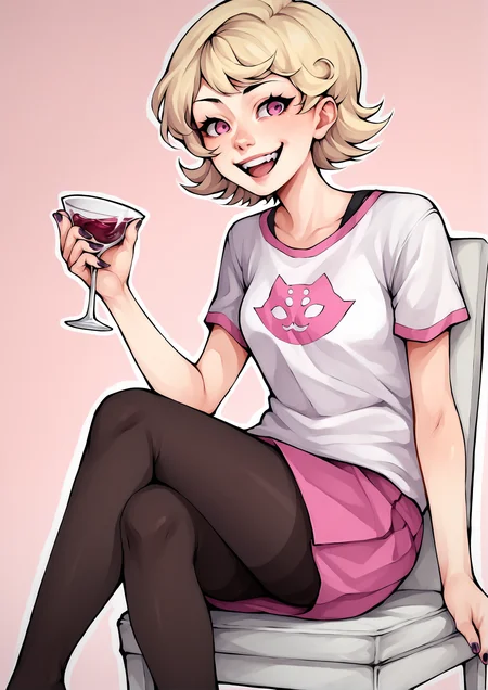 score_9, score_8_up, score_7_up, score_6_up, score_5_up, score_4_up, 2d, anime, anime artstyle, simple shadows, flat coloring, flat shadows, thick lines, white outline, <lora:Roxy_Lalonde_-_Homestuck__Variant_canon_outfits__SDXL_Pony:1> roxlal, roxstart, 1girl, solo, smile, short hair, open mouth, skirt, blonde hair, shirt, sitting, purple eyes, pantyhose, pink eyes, nail polish, cup, chair, t-shirt, drinking glass, wine glass BREAK source_anime