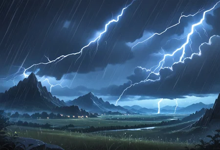 score_9, score_8_up, score_7_up, (masterpiece), best quality, newest, absurdres, highres, fantasy, expressive eyes, perfect face, realistic style, symphtia-style, detailed face, detailed eyes, detailed pupils, landscape, scenery, (rain, stormy, lightning, lightning storm), dark lighting, realistic lighting, no humans, night