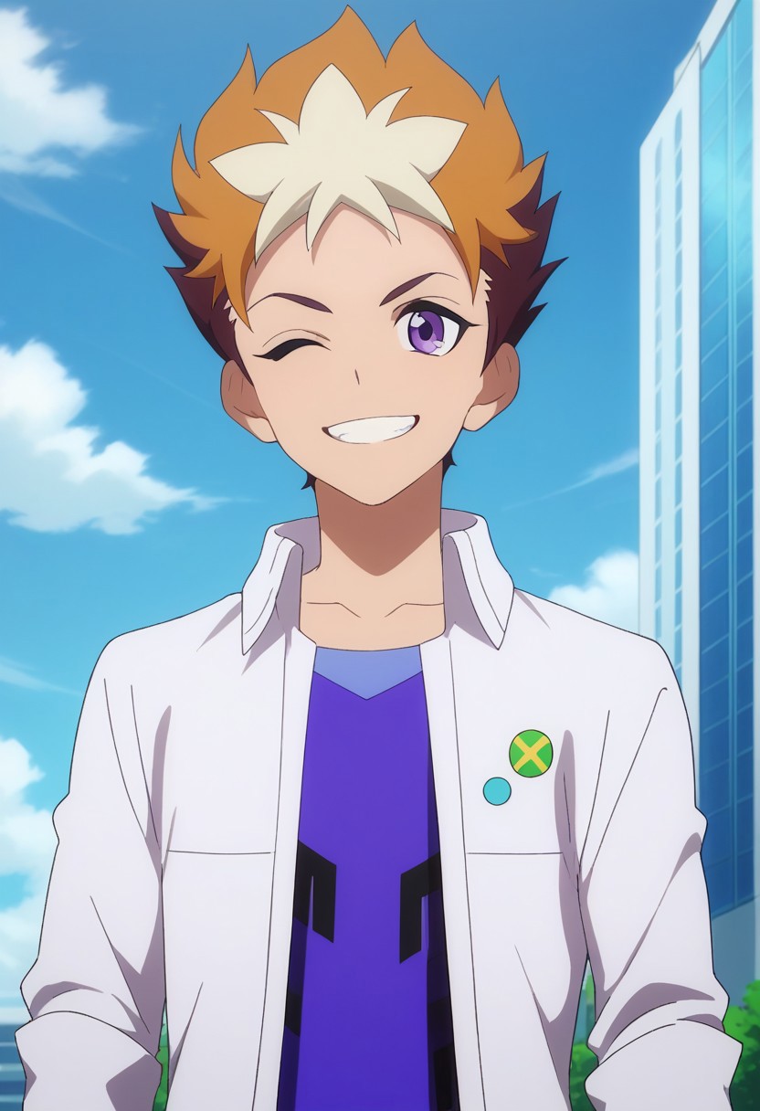 score_9, score_8_up, score_7_up, source_anime, highly detailed, 
subaru, 1boy, male focus, solo, shirt, purple eyes, smile, pants, brown hair, open clothes, multicolored hair, black pants, blue shirt, orange hair, two-tone hair, spiked hair, purple shirt, collared shirt, long sleeves, short hair,  sleeves rolled up, standing, upper body, one eye closed,
outdoor, sky, building, clouds,
