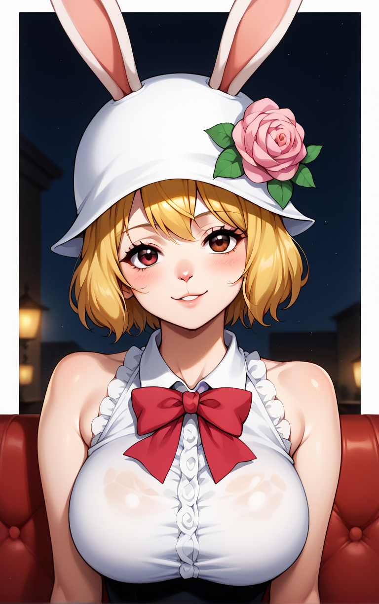 score_9, score_8_up, score_7_up, BREAK
WhiteHat_Carrot_ownwaifu, 
1girl, blonde hair, short hair, animal ears, brown eyes, hat, rabbit tail, furry female, hat flower, rabbit girl, large breasts, ears through headwear, bunny hat, collarbone, body fur, rabbit ears, animal nose,  bangs, white fur, legs,
sleeveless, black skirt, bow, flower, sleeveless shirt, white headwear, rose, white shirt, ribbon, pink flower, frills, white dress, dress, bowtie, bare legs, cleavage, red ribbon,
(portrait, head tilt, looking at viewer), white border, bokeh, <lora:PONYXL_ONEPIECE_Carrot_ownwaifu:0.8>, solo,