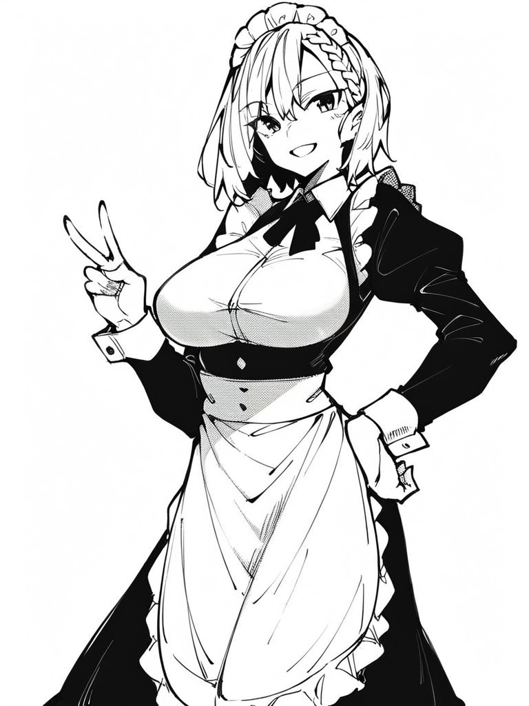 score_9, score_8_up, score_7_up,  
1girl, monochrome, kokonoe moka, white hair, medium hair, braid, large breasts,
standing, white background, smile, v, hand on hip, looking at viewer, maid, maid headdress, long sleeves, long dress, waist apron,