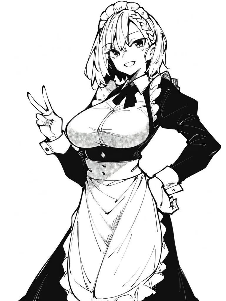 score_9, score_8_up, score_7_up,
1girl, monochrome, kokonoe moka, white hair, medium hair, braid, large breasts,
standing, white background, smile, v, hand on hip, looking at viewer, maid, maid headdress, long sleeves, long dress, waist apron,