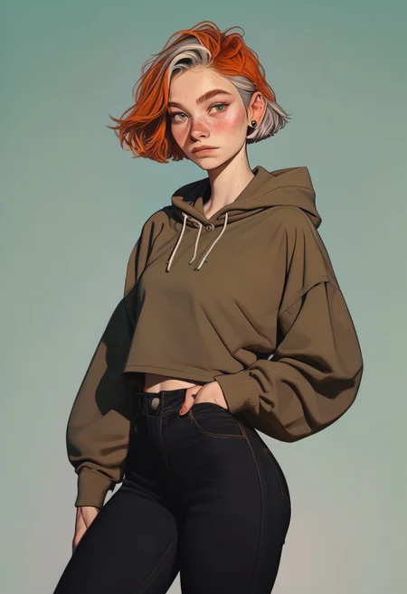 1girl, pretty face, freckles, manic pixie, short hair, orange hair, silver highlights,
green hoodie, black jeans, posing,
FOV medium full shot,
simple pastel green background,
score_9,score_8_up
