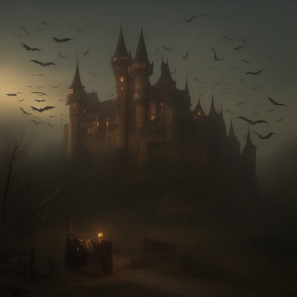 brho, gothic castle setting, implements of torture visible, bats flying.