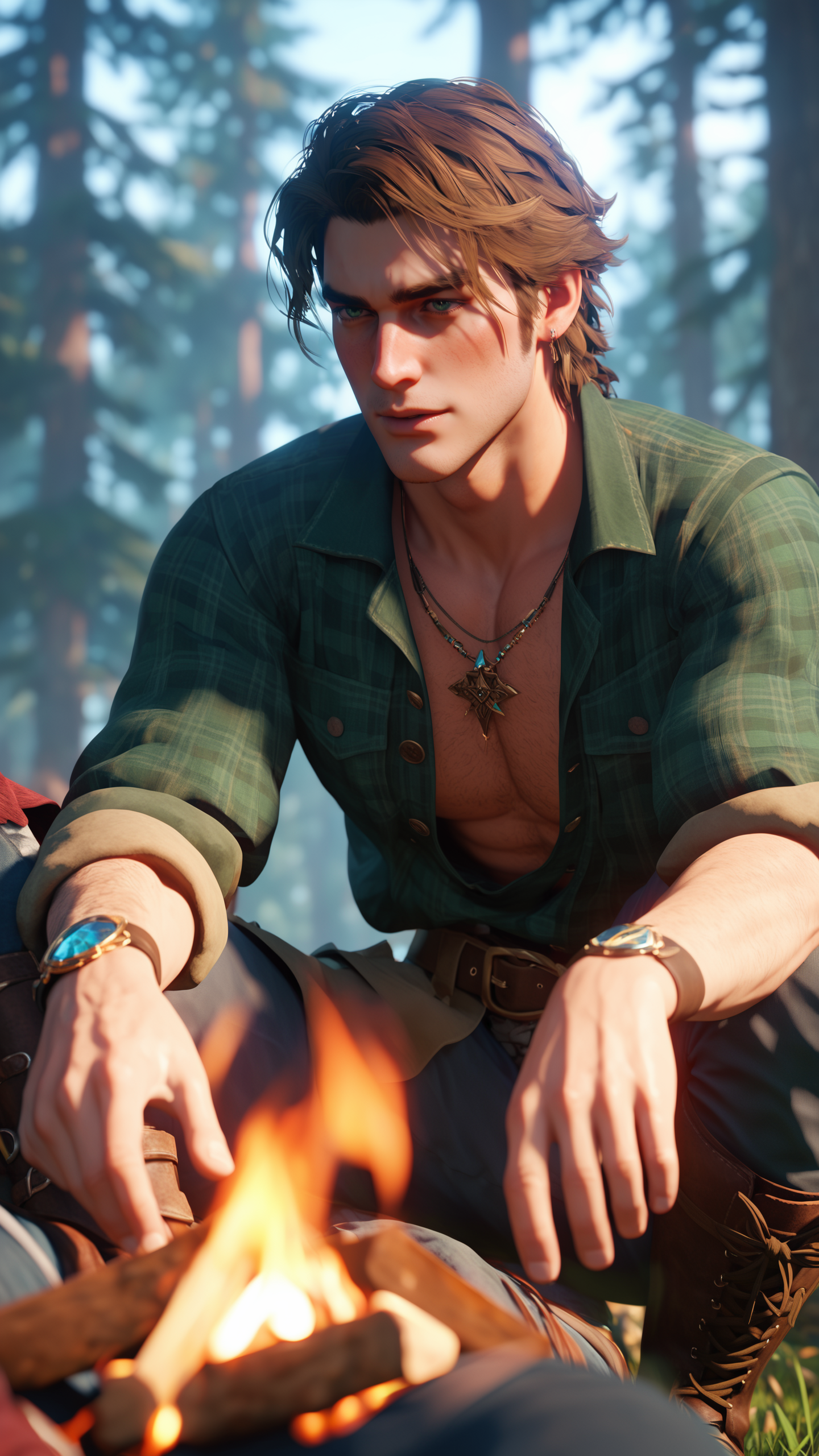 score_9, score_8_up, score_7_up, Arthur Morgan from "Red Dead Redemption 2" sits by a campfire, the light flickering across his weather-beaten face. His rugged exterior and thoughtful demeanor, coupled with a deep sense of loyalty, make him a complex and appealing character in a wild, lawless world.