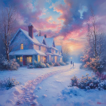 ArsMJStyle, ((Impressionism )), A snow-covered village at dusk, with warm light spilling from cottage windows onto the blue-shadowed snow. Smoke rises from chimneys, blending with the darkening sky. A lone figure hurries along a path, leaving a trail of footprints in the fresh snow, capturing a moment of solitary peace.