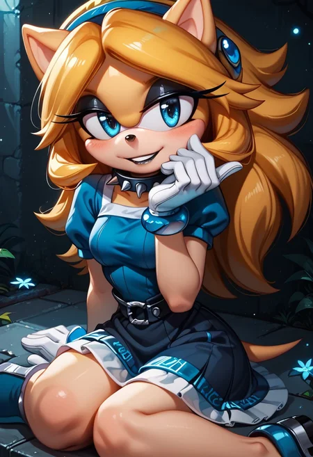 score_9, score_8_up, score_7_up, score_6_up, g0thicPXL, 1girl, 1girl, solo, goth girl, maria_robotnik, sonic_(series), hedgehog_girl, eyeliner, eyeshadow, blue eyes, blond hair, blue_hairband, black lips, seductive smile, pretty face, spiked collar, white_gloves, blue_dress, medium skirt, shoes, blue_footwear, sexy pose, smile, grin, cute, sexy pose, lewd expression, wide hips, medium breasts, sitting, biting one of her nails.