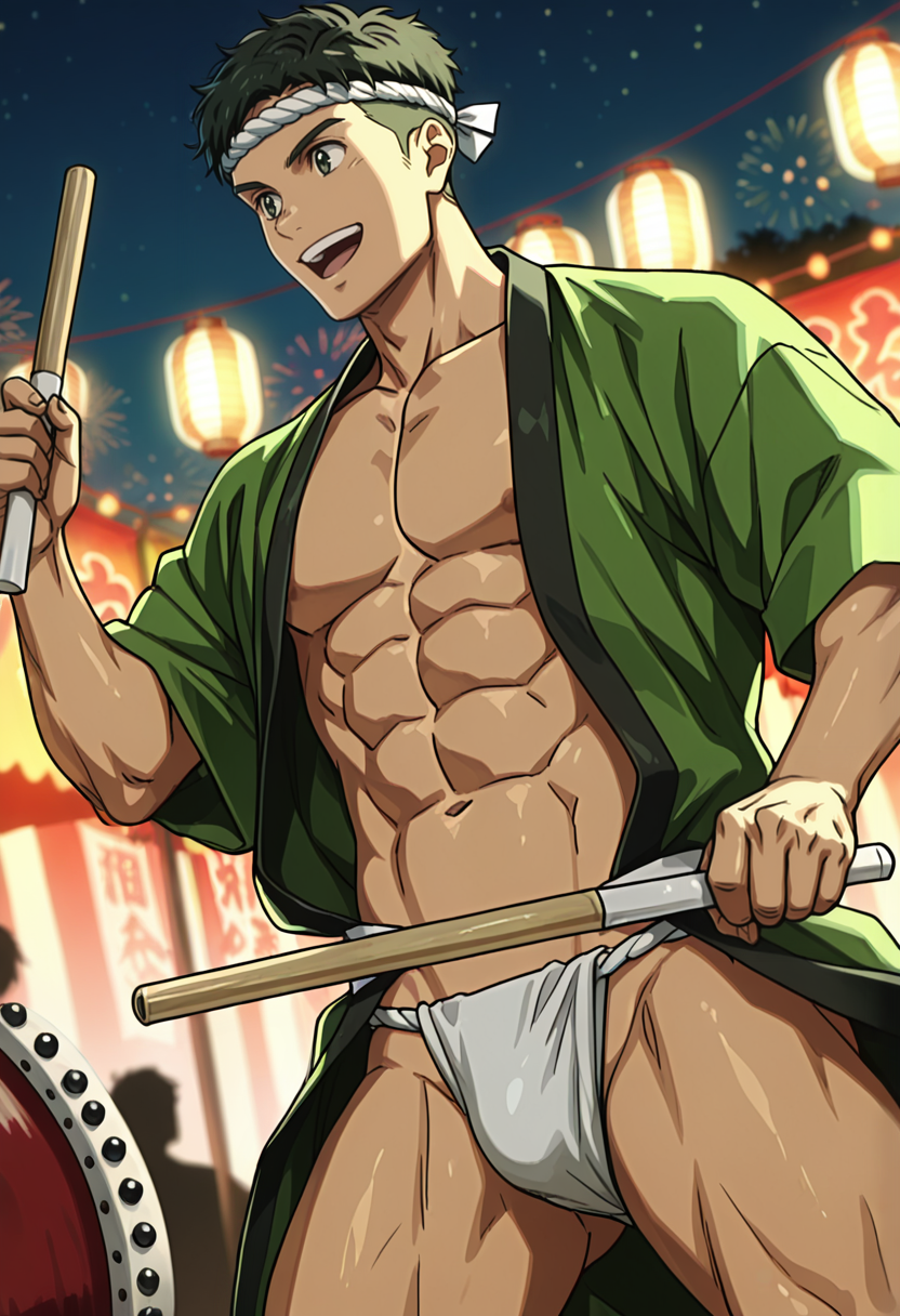 <lora:Yokokawa_Yuusuke_Love_All_Play:1> green_yok0kaw4_yuusuk3_eyes, yok0kaw4_yuusuk3, black_yok0kaw4_yuusuk3_hair, 1boy, anime coloring, male focus, solo, muscular male,  summer festival, japanese clothes, hachimaki, headband, open kimono, navel, smile, open mouth,  taiko sticks, wada katsu, taiko drum, playing instrument,  shimenawa, fundoshi, taiko drum,  night, paper lantern, (aerial fireworks:0.6), blurry background,  shadow, dynamic angle, dynamic action, atmospheric perspective, intricate lighting, volumetric lighting, realistic shading, intricately detailed illustration, depth of field, masterpiece, best quality, newest, absurdres, anime screencap, intricate details, good quality, very awa, highres, perfect proportions, perfect eyes, amazing quality, very aesthetic,