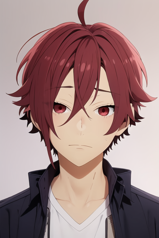 masterpiece, best quality, high quality, 1boy, solo, male focus, looking at viewer, upper body, <lora:akane_yanagi:0.82>, akane_yanagi, red hair, red eyes, hair between eyes, ahoge, , gakuran