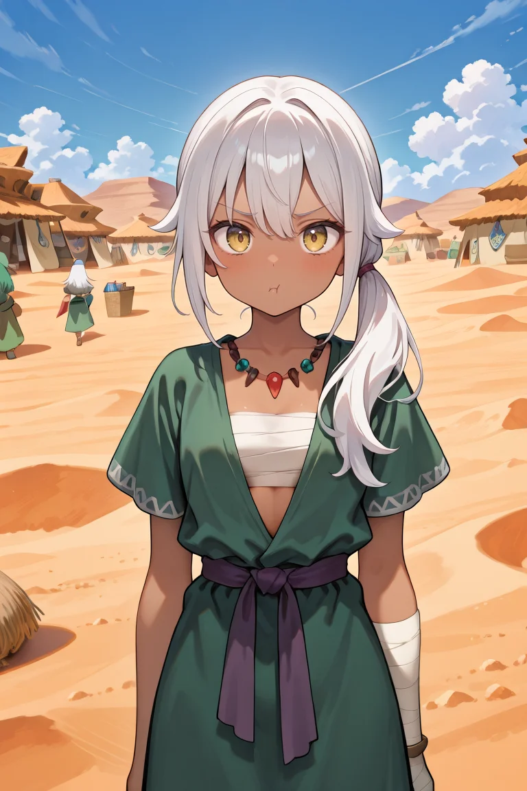 masterpiece, very aesthetic, absurdres, best quality, amazing quality, high resolution, newest, very awa, <lora:illustrious_quality_modifiers_masterpieces_v1:0.8> , <lora:ChamIllustriousBackgroundEnhancer:0.5>, ((solo)), <lora:AmareusIL:0.8> , amadef, 1girl, dark skin, yellow eyes, long hair, white hair, side ponytail, necklace, sarashi, green tunic, sash, bandaged arm, cowboy shot, exterior, desert, village, bazaar, pout, shopping, looking at viewer blue sky, clouds,
