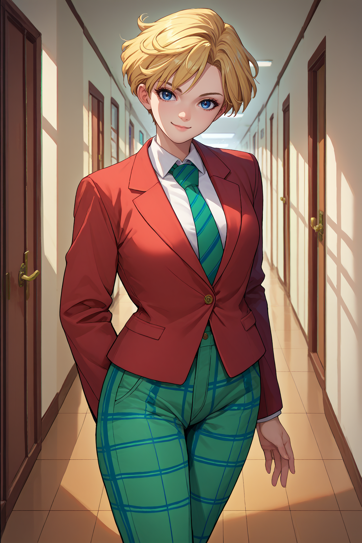 score_9, score_8_up, score_7_up, score_6_up, source_anime, 1girl, solo,   <lora:sailoruranus-pdxl-nvwls-v1-000005:1> slrua, blonde hair, short hair, blue eyes, red blazer, green necktie, green pants, plaid pants, looking at you, breasts, smile, hallway