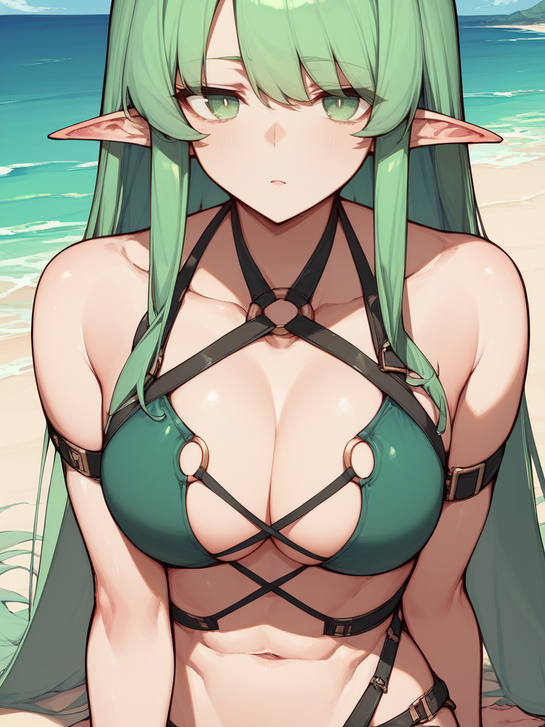 score_9,score_8_up,score_7_up,source_anime,1girl,upper body,<lora:Lace_up_f_Pony_v2:1>,center opening,bikini,beach,long green hair,green eyes,pointy ears,sitting,straps,